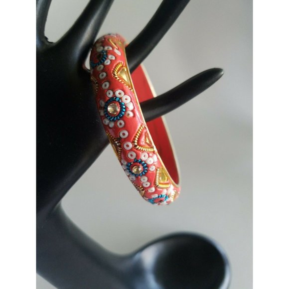 Vintage 70s India Painted Beaded Mirrored Bangle Bracelets Boho Hippie Festival - Picture 5 of 7